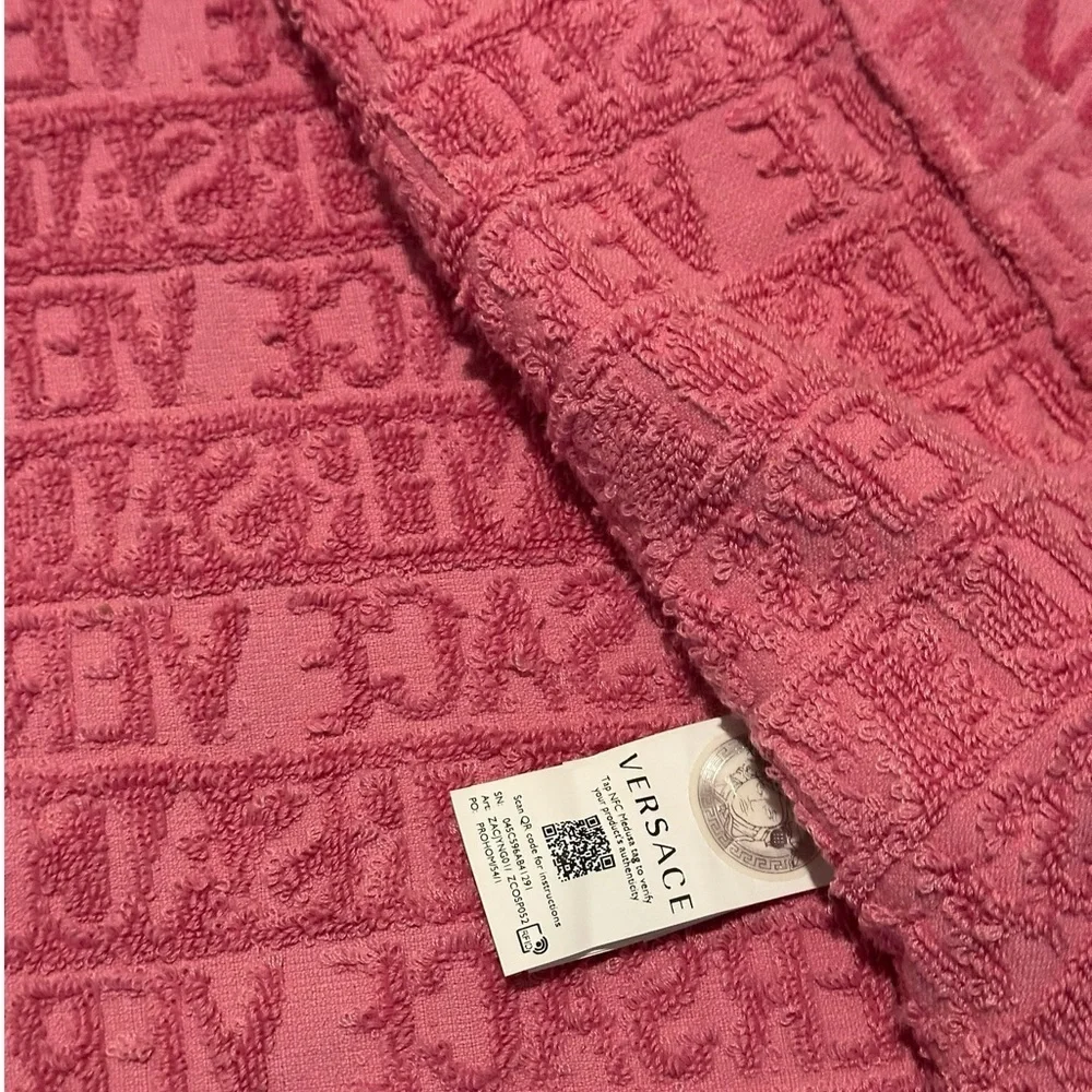 Versace Kids Coral Hooded Pajama Robe with Gold Baroque Trim, pre-owned
